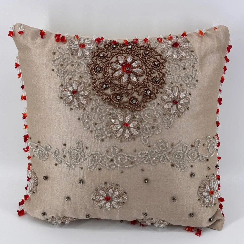 Anthropologie Beaded Silk Accent Pillow Champagne Red Embellished‎ Boho-Luxe